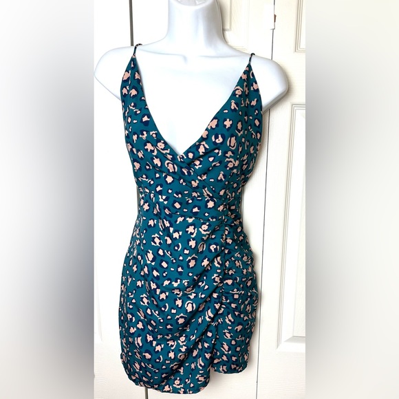 SUPERDOWN Revolve Mia Mini Dress Leopard Animal Print Blue Green Teal Ruched - Picture 2 of 15